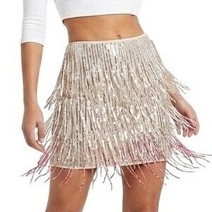 Guess Sequin Fringe Mini Skirt Women XS Silver Champagne Glam Party W3RD53 KBJE0